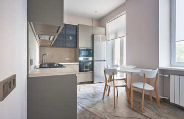 modern scandinavian minimalist kitchen in monochrome color with a showcase and a built-in oven and microwave at waist level and a dining area