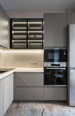 modern scandinavian minimalist kitchen in monochrome color with a showcase and a built-in oven and...