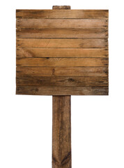 Vintage wooden signboard post notice board from old weathered wood planks with nails, isolated on white.