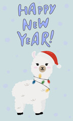 Happy New Year  greeting card, banner. Illustration of cute  alpaca in Santa Claus hat  on blue background.