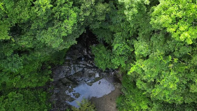 初夏新緑の渓谷にある滝をドローンにて撮影【スローモーション】