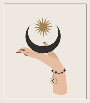 Female Hand holding Mysterious magic Sun and Crescent Talisman.Wicca,pagan tradition.Vector vintage collection,boho style.Esoterics element.Space Celestial stars,astronomy Isolated Vector Illustration