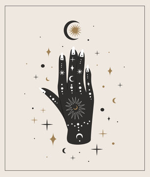 Woman hand with painted mehendi of sun, moon, stars sacred geometry,Alchemy esoteric mystical magic celestial talisman isolated.Spiritual occultism object.Vector isolated illustration in black style
