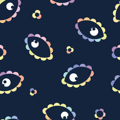 Vector Flowerly Eye Shapes in Rainbow Pastel Colors on Navy Blue seamless pattern background. Perfect for fabric, wallpaper and scrapbooking projects.