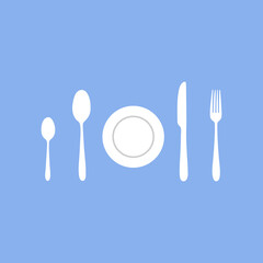 Spoon, fork, knife and plate icons set, menu logo, cutlery silhouette. Vector illustration.