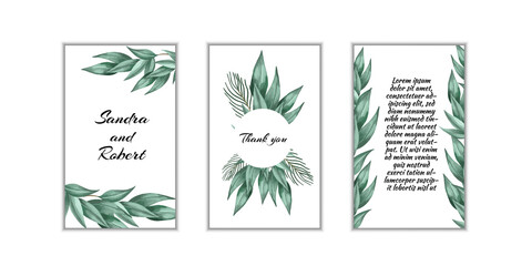 Wedding set of invitation frames flowers, leaves, watercolor isolated on white.