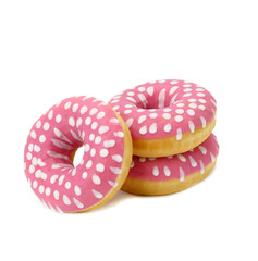 baked round donut with pink icing and white dots isolated on white background