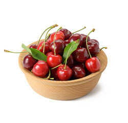 ripe red cherries in a brown wooden plate on a white background
