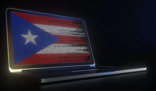 Open laptop and computer code on the screen composing flag of Puerto Rico. Modern information technology related 3d rendering
