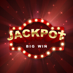 Jackpot casino winner. Big win banner retro signboard on red background with light. Vector