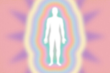 Retro feel peachy pink rainbow aura layers, energy field with human figure  - grainy, high resolution background - obrazy, fototapety, plakaty