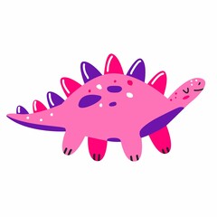 Cute pink dinosaur stegosaurus in cartoon style. Vector illustration isolated on white background.