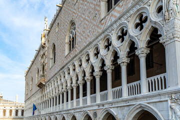 View of Doge's Palace on the St Mark's Square on a beautiful morning in Summer in Venice, Italy