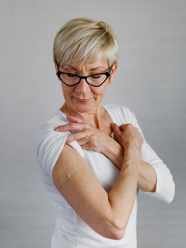 Portrait Of A Beautiful Elderly Woman Who Just Got Vaccinated