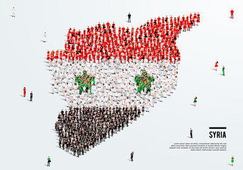Syria Map and Flag. A large group of people in the Syrian flag color form to create the map. Vector Illustration.