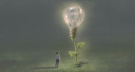 Concept idea of thinking and imagination, conceptual art, Surreal painting of a man with light bulb tree with the light, 3d illustration