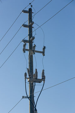 Powerlines and insulators at a pole in front of a blue sky