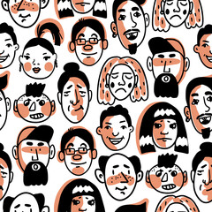 Seamless pattern of many different human faces with various expressions. Design for textile or wrapping paper. Doodle style vector illustration