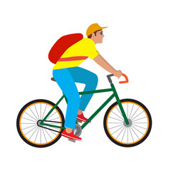 Vector man on bicycle. Green bicycle, man in blue jeans, yellow shirt, orange cap with red backpack on white background.