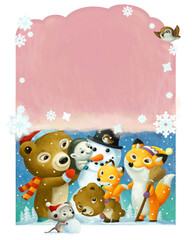 cartoon forest animals friends with snowman illustration
