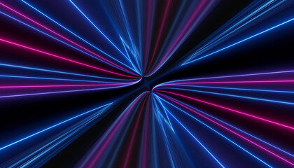 neon blue and pink wavy futuristic symmetrical reflection glow light lines in abstract on black background 