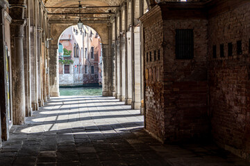 Colonades of the Rialto Market in the City center of Venice, Italy