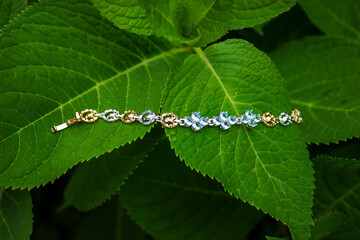 Gold bracelet pendants placed on red and green leaves.