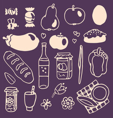 Picnic in a doodle style hand drawn vector set. Camping mood. Food on the nature. Violet and beige colours. Recreation in the park. Elements for party. Stickers and textile for barbecue design.