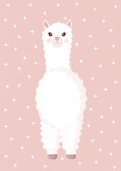 Cute llama or alpaca on a pink background with stars. Vector illustration for baby texture, textile, fabric, poster, greeting card, decor.