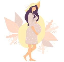 Happy pregnant girl in sun hat hugs her belly. Isolated on decorative background. Vector illustration. Female health and pregnancy concept