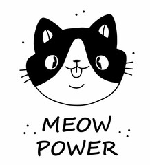 Meow power greeting card with cute black and white cat in cartoon doodle style. Vector illustration isolated on white background.