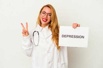 Caucasian doctor woman holding a depression placard isolated on white background showing number two with fingers.