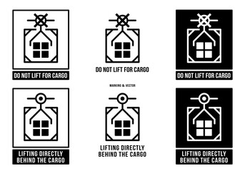 A set of manipulation symbols for packaging products and goods. Marking - Lifting directly behind the cargo! Marking - Do not lift for cargo! Vector elements.