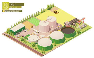 Vector isometric biogas power plant. Biogas plant production from agricultural waste and biomass. Electricity production. Combine harvester working on rapeseed field