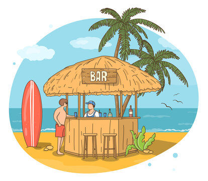 Bungalow with a bar on the beach. The bartender at the bar and the surfer drinks a soft drink. A beach bar, a restaurant on the seashore, the concept of service in a beach club. Doodle style.