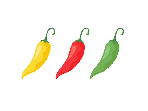 Red, green and yellow hot chili peppers pod isolated on white background. Cayenne hot spicy. Jalapeno icon. Vector illustration