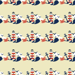 Vector cute seamless pattern with lighthouse for boys with fishes, crab, waves, whale, on yellow background in Scandinavian style for fabrics, paper