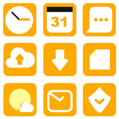 Vector web icons isolated set in flat minimalistic style. Clocks, calendar, downloads, files, messages, cloud in orange and white colors.