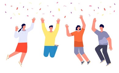 Celebrating modern people. Young happy person jumping up, winner crazy. Opening ceremony, friendship student or business success utter vector concept