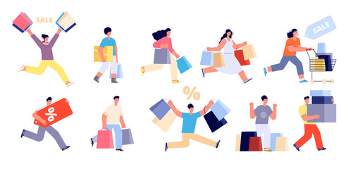 Fototapeta na wymiar Happy people on sale. Shopping man, shop woman consumer. Person with cart, girl walk clothes shops. Isolated shoppers holding bag utter vector set