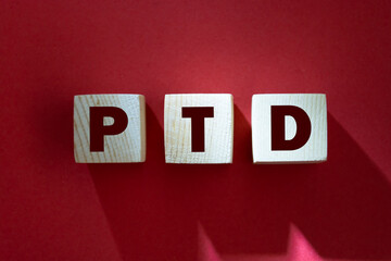 PTD - Project To Date acronym - text on wooden cubes, on red background