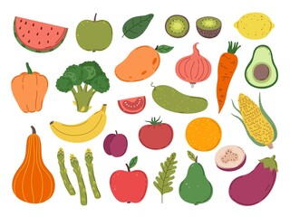 Doodle farm vegetables fruits. Colorful vegetable, flat diet carrot lemon broccoli. Cooking raw food, color cartoon exact vegetarian vector big set