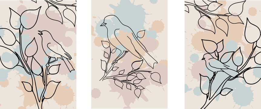 Collection of artistic modern minimalistic illustrations: abstraction with birds on branches with leaves with blots (spots) in the background