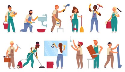 Fototapeta na wymiar Cartoon repairman characters. Home workers, construction builder painter with equipment. Cleaning and house renovation team decent vector set