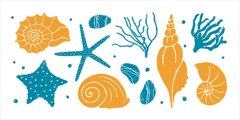 Textured underwater world set. Seashells, starfish, algae, corals and beach pebbles. Vector shabby hand drawn illustration