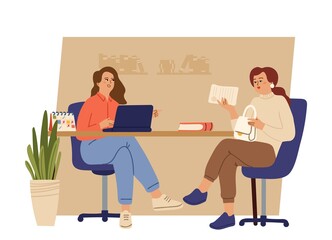 Job interview. Woman resume, women at office. HR manager and employee, young professional. Female characters talking at desk vector concept