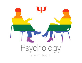 The psychologist and the client. Psychotherapy. Psycho therapeutic session. Psychological counseling. Man woman talking while sitting. Silhouette Rainbow color profile. Modern symbol logo Concept lgbt