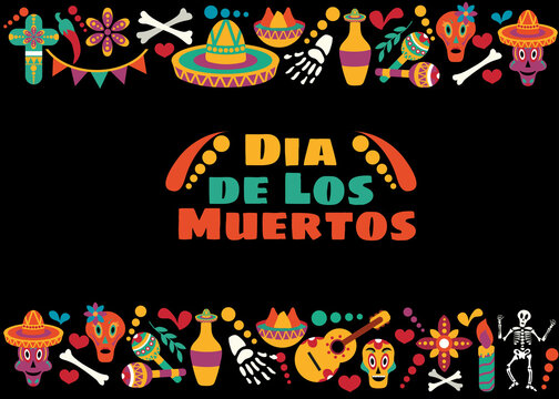 Vector Dia de Los Muertos. Set for the celebration of the day of the dead. Decorated skulls, flowers, skeleton, cactus, sambrero, tequila, guitar. Vector illustration background. Halloween.