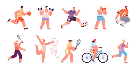Fototapeta na wymiar Sport people characters. Healthy women running, professional athlete. Person playing soccer, isolated sporting woman. Runner tennis player utter vector set