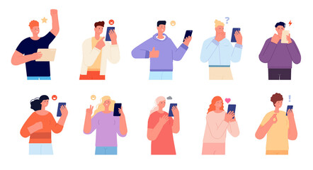 Emotional conversation. Persons talking, young friends talk on phone. Persons group asking online help, mobile chatting utter vector characters